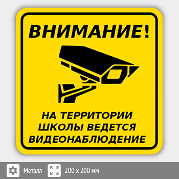 Табличка «Внимание! На территории школы ведется видеонаблюдение», B114 (металл, 200х200 мм)
